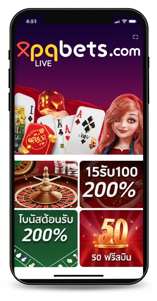 หน้าจอมือถือแสดงโปรโมชั่นคาสิโนสดจาก thepgbets.com เช่น 15รับ100 โบนัสต้อนรับ 200% และ 50 ฟรีสปิน พร้อมไอคอนเกมบาคาร่า รูเล็ต และแบล็คแจ็ค