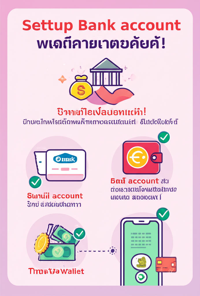 อินโฟกราฟิกแสดงขั้นตอนการตั้งค่าบัญชีธนาคารและ True Wallet สำหรับระบบฝาก-ถอนออโต้ของ thepgbets