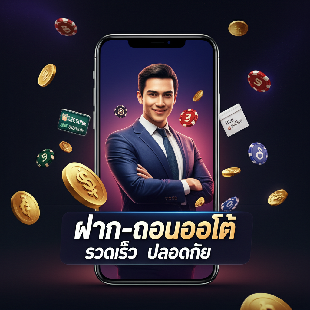 ภาพประกอบระบบฝาก-ถอนออโต้ที่รวดเร็วและปลอดภัยบนเว็บไซต์ thepgbets แสดงหน้าจอมือถือและไอคอนธนาคารไทยและวอลเล็ต