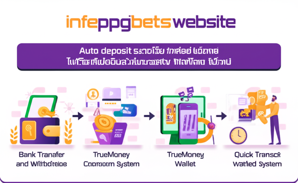 อินโฟกราฟิกขั้นตอนการใช้งานระบบฝาก-ถอนออโต้ของ thepgbets แสดงวิธีฝากและถอนเงินอย่างรวดเร็วและปลอดภัย
