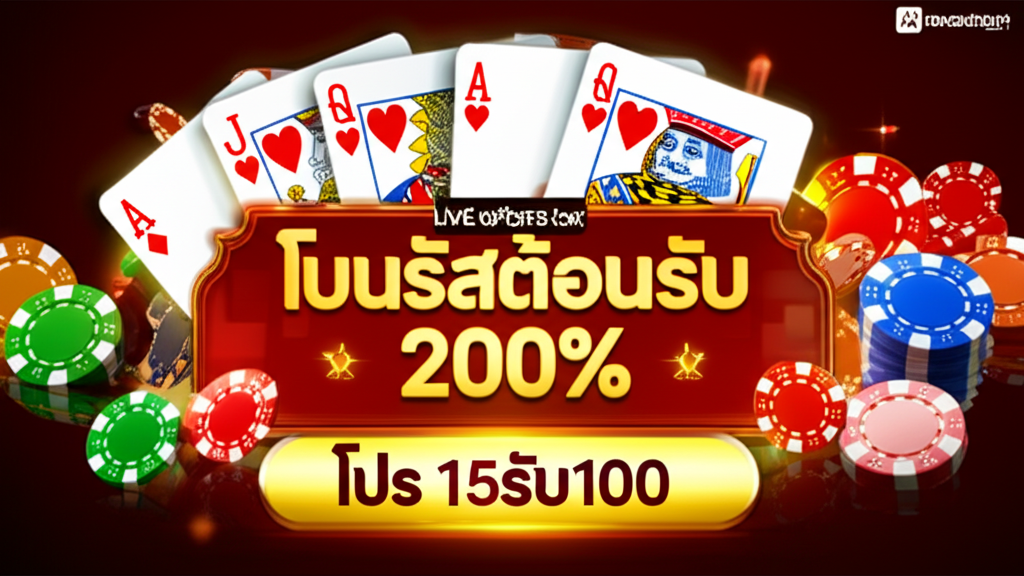 ภาพโปรโมชั่นโบนัสต้อนรับ 200% และโปร 15รับ100 สำหรับเล่นแบล็คแจ็คสดที่ thepgbets.com