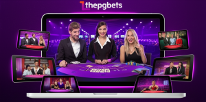 Live casino scene with dealer and players on digital devices showcasing thepgbets live casino experience