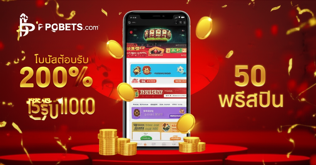 แบนเนอร์โปรโมชั่นคาสิโนสด thepgbets.com ปี 2025 แสดงโบนัสต้อนรับ 200%, โปร 15รับ100 และ 50 ฟรีสปิน