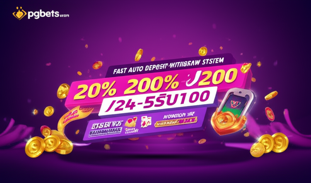 ภาพแบนเนอร์โปรโมชั่นเว็บตรง thepgbets.com เน้นระบบฝาก-ถอนอัตโนมัติ บริการ 24 ชั่วโมง และโบนัสต้อนรับ 200% พร้อมโปรโมชั่น 15รับ100