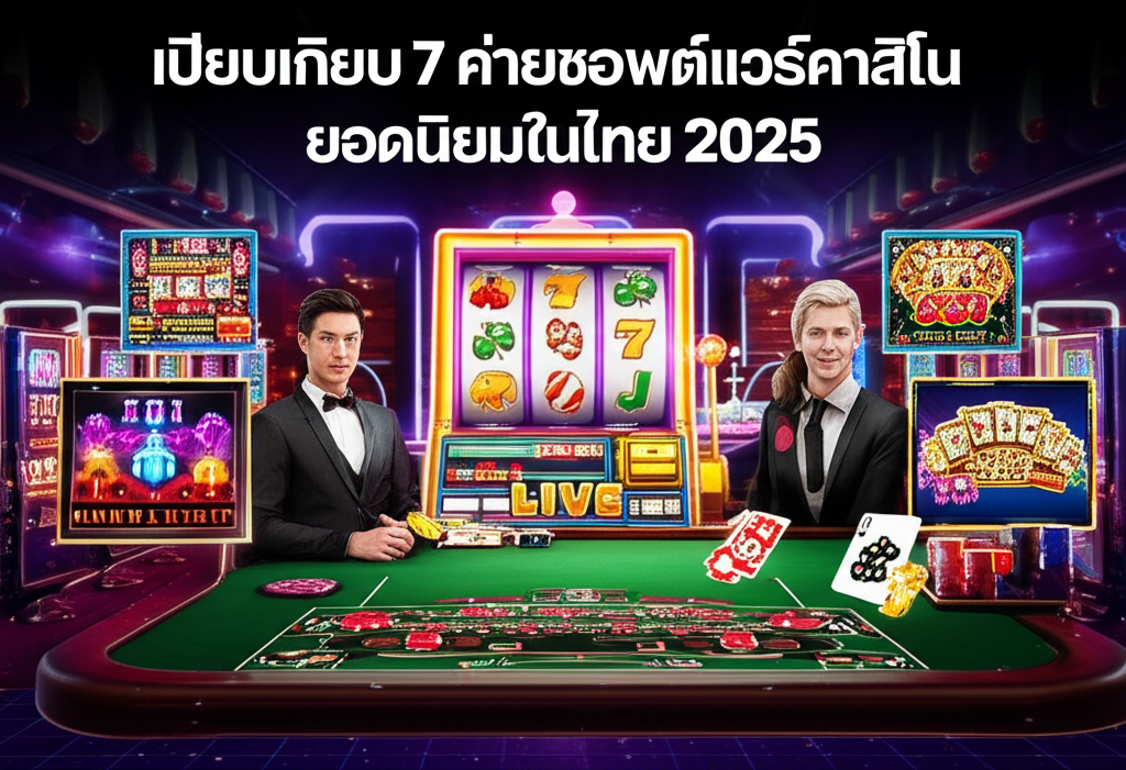 ภาพประกอบแสดง 7 ค่ายซอฟต์แวร์คาสิโนยอดนิยมในไทยปี 2025 พร้อมเกมสล็อตและคาสิโนสดในบรรยากาศทันสมัยและน่าเชื่อถือ