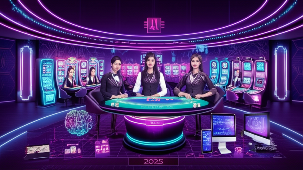 ภาพประกอบคาสิโนออนไลน์ยุคใหม่ปี 2025 แสดงซอฟต์แวร์คาสิโนยอดนิยมพร้อมดีลเลอร์สดและเทคโนโลยี AI และบล็อกเชน
