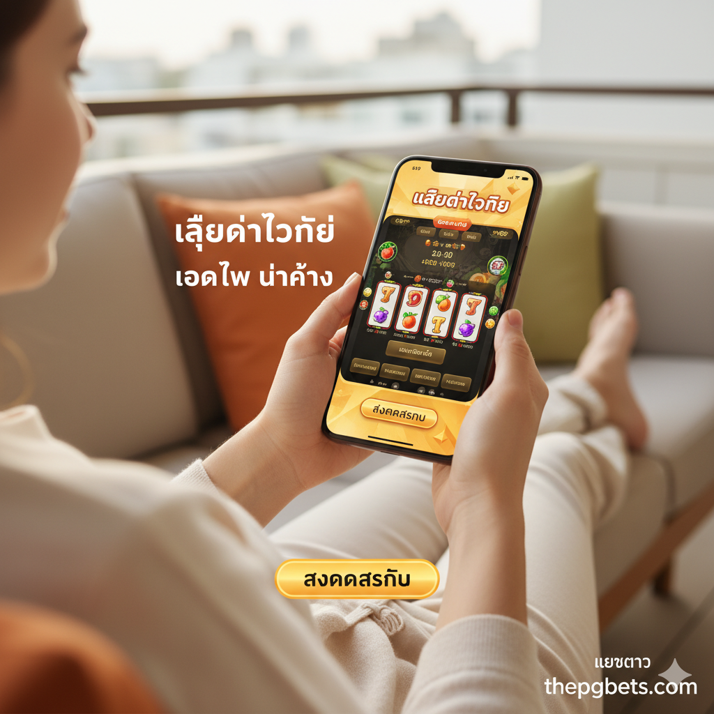 ภาพสรุปที่เน้นประสบการณ์ผู้ใช้มือถือ (Mobile-First) และ Call-to-Action แสดงภาพบุคคลกำลังเล่นสล็อตออนไลน์บนสมาร์ทโฟนในท่านั่งสบายๆ (เช่น บนโซฟา หรือที่ระเบียง) สื่อถึงการเข้าถึงที่ 'เล่นได้ทุกที่' และ 'โหลดไว ไม่ค้าง' หน้าจอโทรศัพท์ควรแสดงอินเทอร์เฟซที่สะอาดตาและมีปุ่ม 'สมัครสมาชิก' ที่ชัดเจน โทนสีอบอุ่นและผ่อนคลาย สร้างความรู้สึกว่าการเล่นสล็อตกับ thepgbets เป็นเรื่องง่าย สะดวก และเป็นส่วนหนึ่งของไลฟ์สไตล์ยุคใหม่